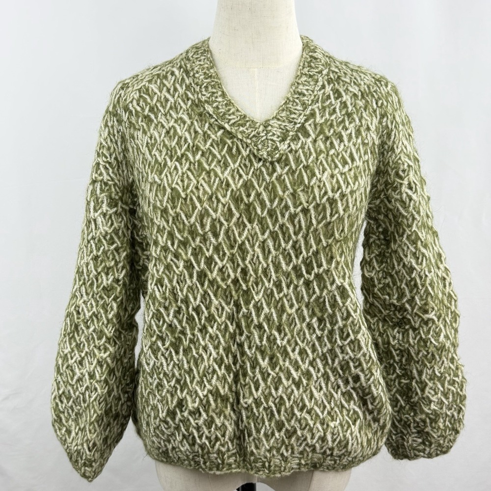 Vintage 50s Green Wool Sweater Textured Knit Italy V Neck Pullover Size M